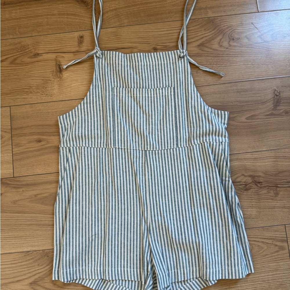 Altar'd State Striped Tie-Shoulder Romper in Blue and Cream